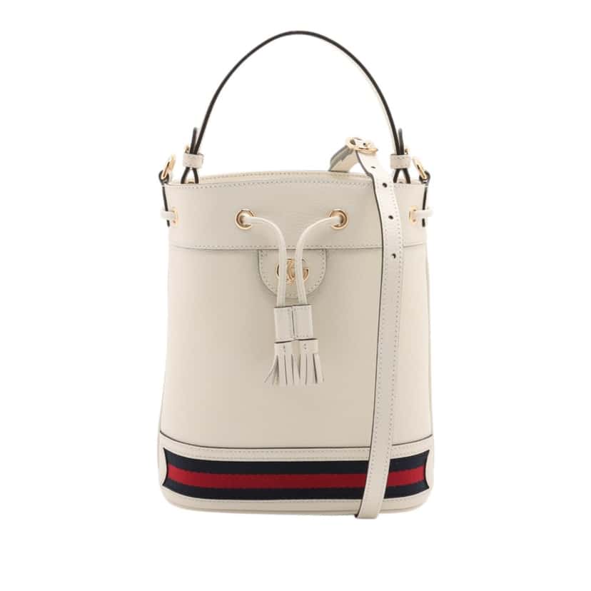 Gucci Small Calfskin Web Ophidia Bucket Bag White Leather Very good condition - Front View