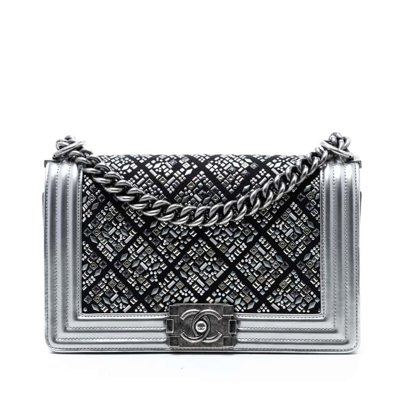 Chanel Old Medium Calfskin Crystal Embellished Boy Flap Silver Leather Very good condition - Front View