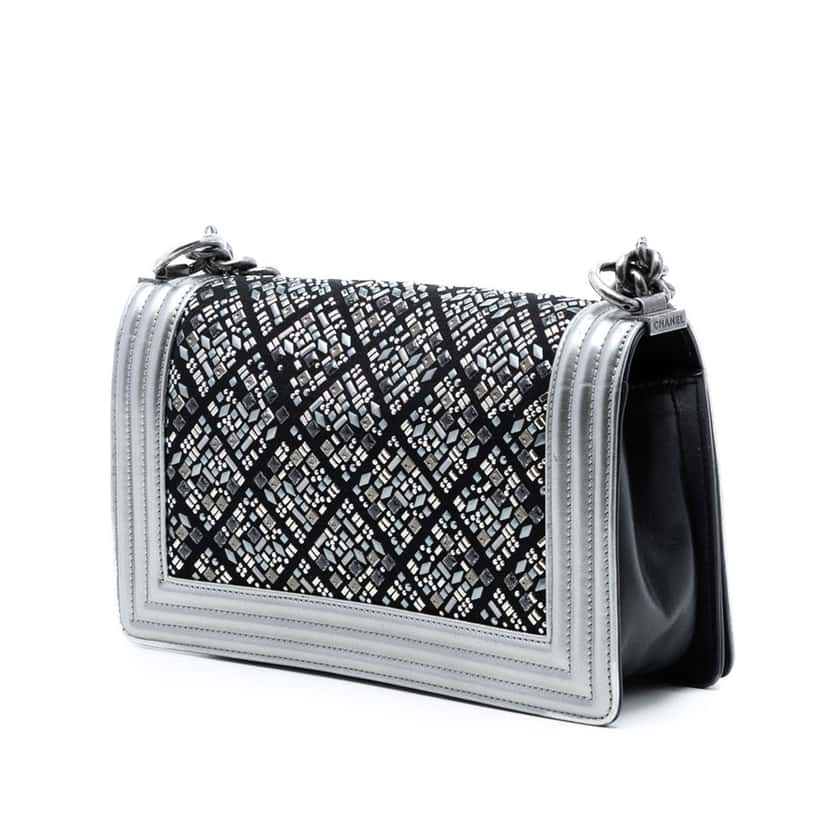 Chanel Old Medium Calfskin Crystal Embellished Boy Flap Silver Leather Very good condition - Back View
