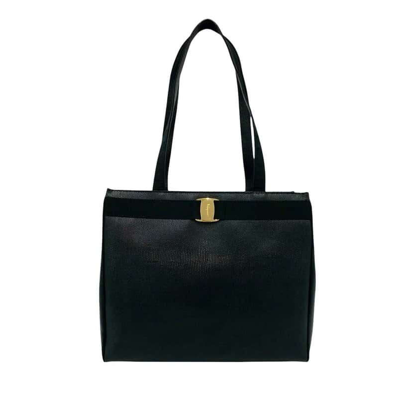 Ferragamo Lizard Embossed Leather Vara Tote Black Leather Very good condition - Front View