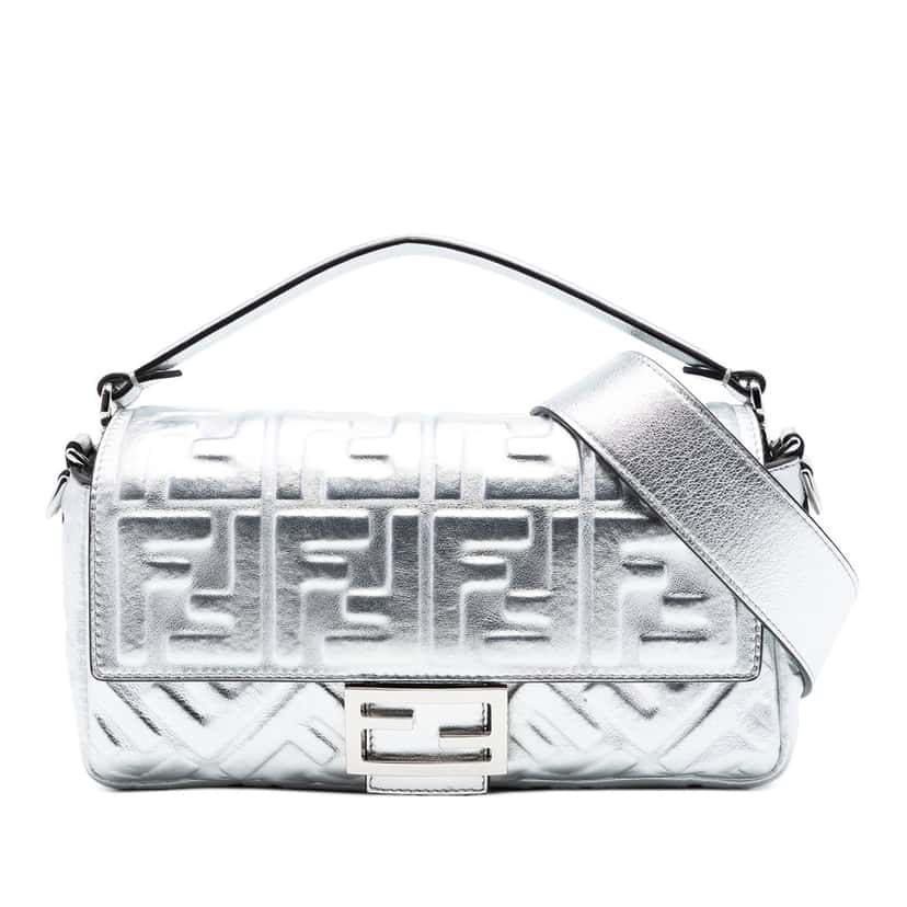 Fendi Medium Metallic Leather Embossed FF Baguette Satchel Silver Leather Very good condition - Front View