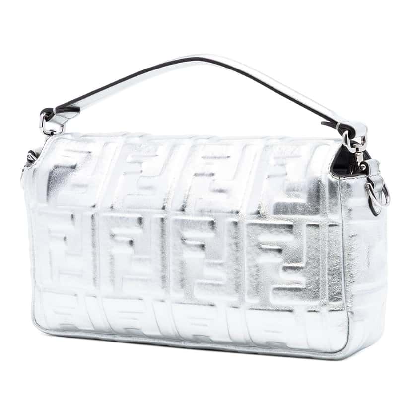 Fendi Medium Metallic Leather Embossed FF Baguette Satchel Silver Leather Very good condition - Back View