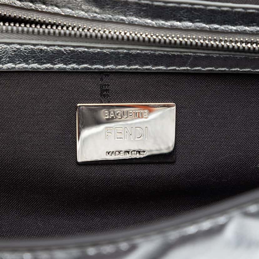 Fendi Medium Metallic Leather Embossed FF Baguette Satchel Silver Leather Very good condition - Box View