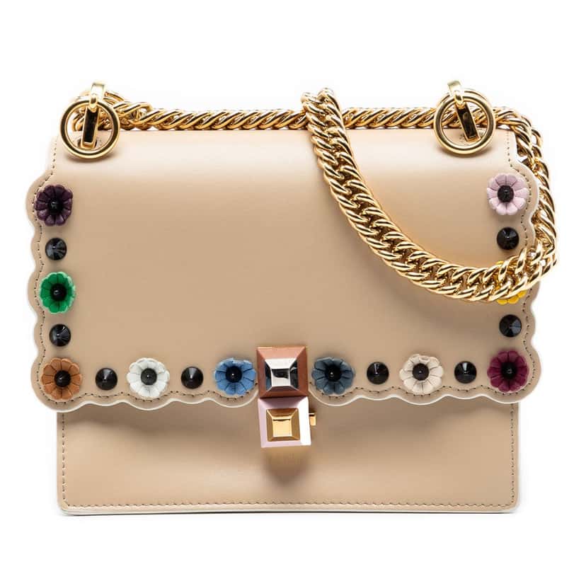 Fendi Mini Scalloped Leather and Studded Floral Kan I Crossbody Beige Leather Very good condition - Front View