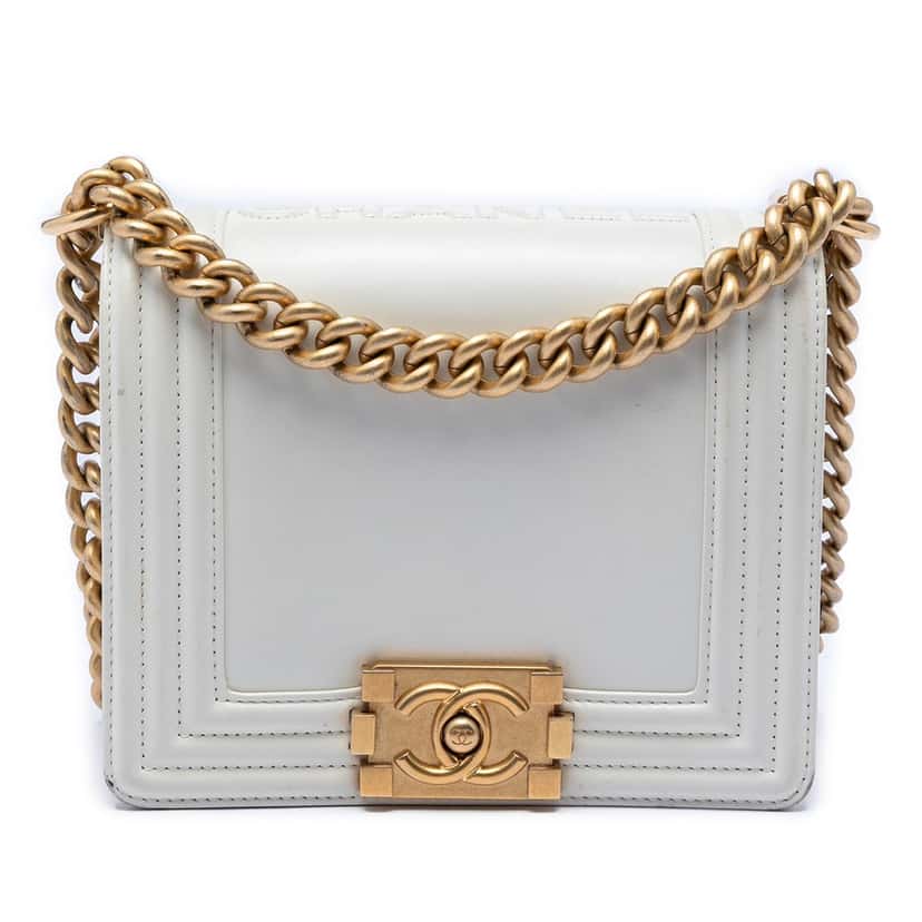 Chanel Square Calfskin Boy Reverso Flap White Leather Very good condition - Front View
