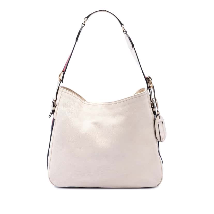 Gucci Medium Pebbled Calfskin Web Heritage Shoulder Bag White Leather Very good condition - Front View