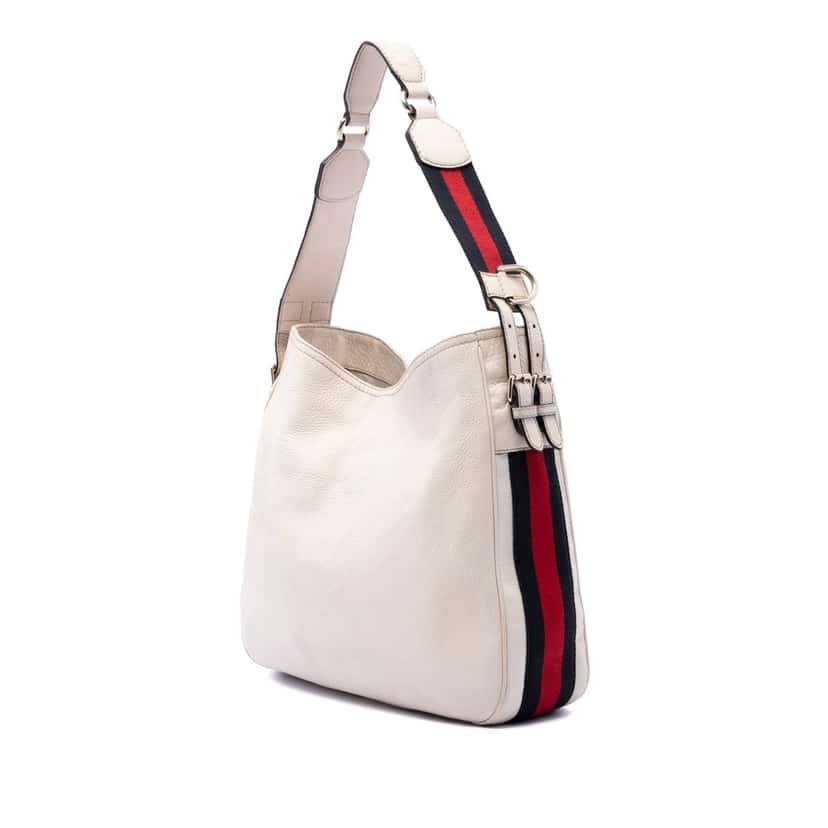 Gucci Medium Pebbled Calfskin Web Heritage Shoulder Bag White Leather Very good condition - Back View