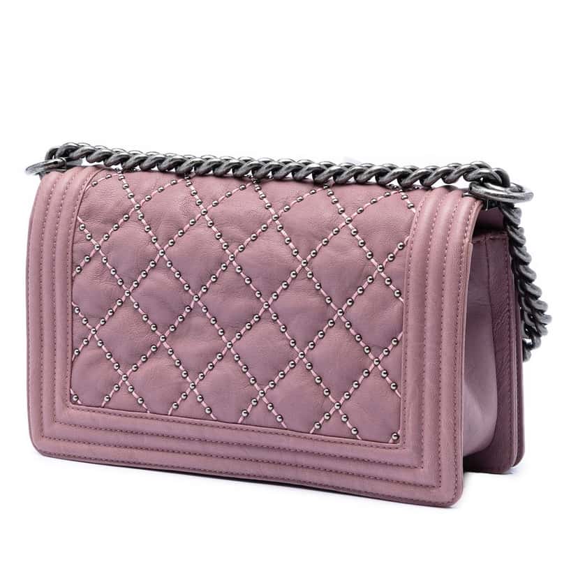 Chanel Old Medium Quilted Crumpled Calfskin Studded Boy Flap Pink Leather Very good condition - Back View