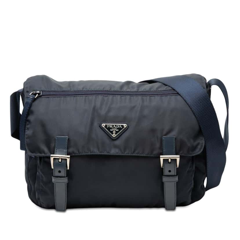 Prada Tessuto Zip Double Buckle Messenger Bag Blue Very good condition - Front View