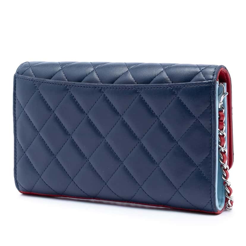 Chanel Tricolor Quilted Lambskin Wallet on Chain Blue Leather Very good condition - Back View