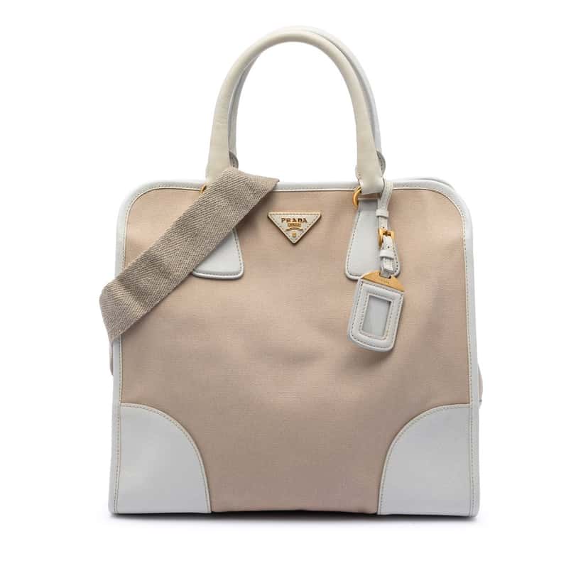 Prada Saffiano Trimmed Canvas Canapa Satchel Beige Very good condition - Front View