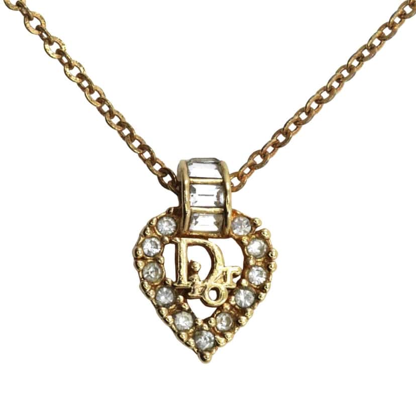 Dior Gold Plated Strass Heart Pendant Necklace Gold Metal Very good condition - Front View