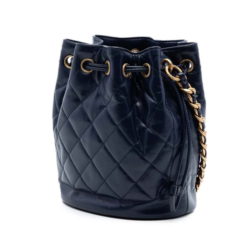 Chanel CC Quilted Lambskin Drawstring Bucket Bag Blue Leather Very good condition - Back View