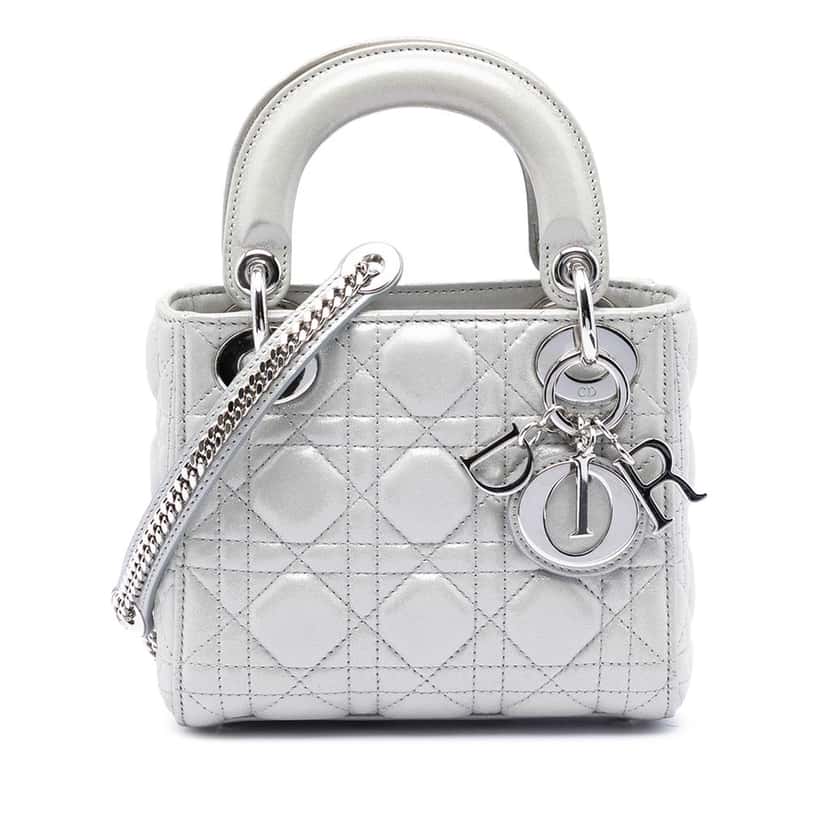 Dior Mini Iridescent Lambskin Cannage Lady Dior Silver Leather Very good condition - Front View