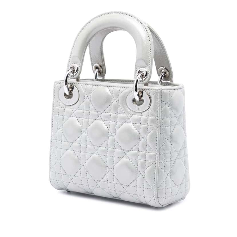 Dior Mini Iridescent Lambskin Cannage Lady Dior Silver Leather Very good condition - Back View