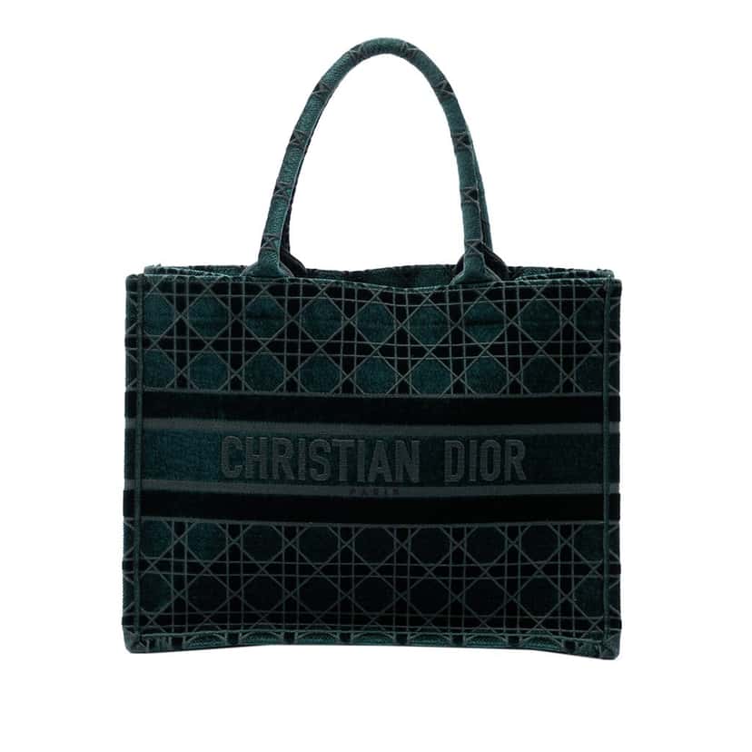 Dior Medium Embroidered Velvet Cannage Book Tote Green Very good condition - Front View