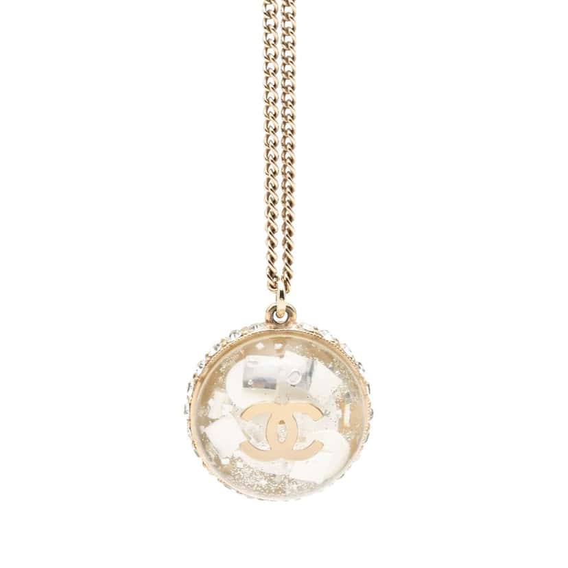 Chanel CC Gold Plated Resin and Strass Clear Dome Hologram Glitter Pendant Necklace Gold Metal Very good condition - Back View
