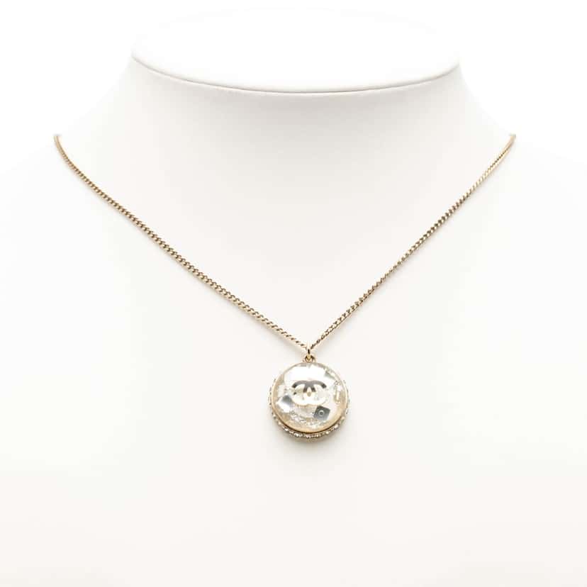 Chanel CC Gold Plated Resin and Strass Clear Dome Hologram Glitter Pendant Necklace Gold Metal Very good condition - Box View