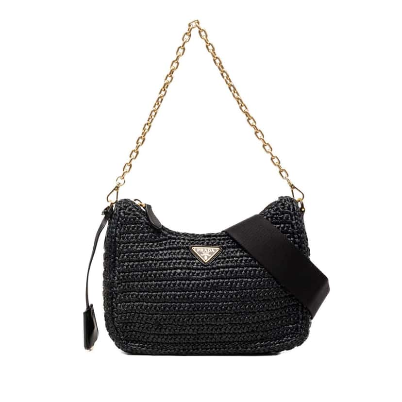 Prada Yarn Effect Raffia Crochet Re Edition 2005 Satchel Black Very good condition - Front View
