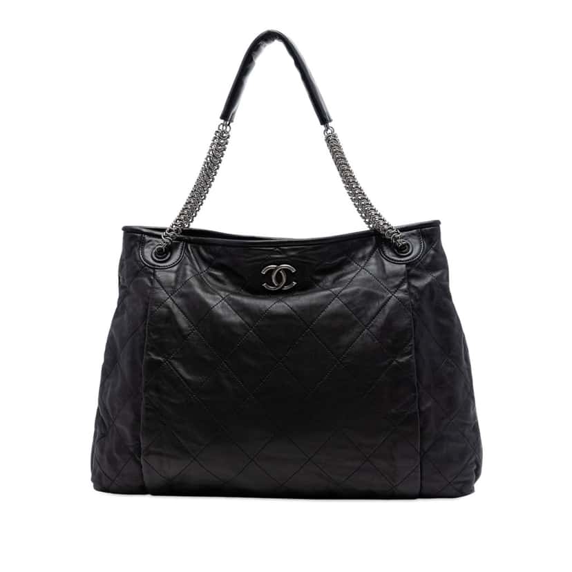 Chanel CC Quilted Lambskin Chain Shopping Tote Black Leather Very good condition - Front View