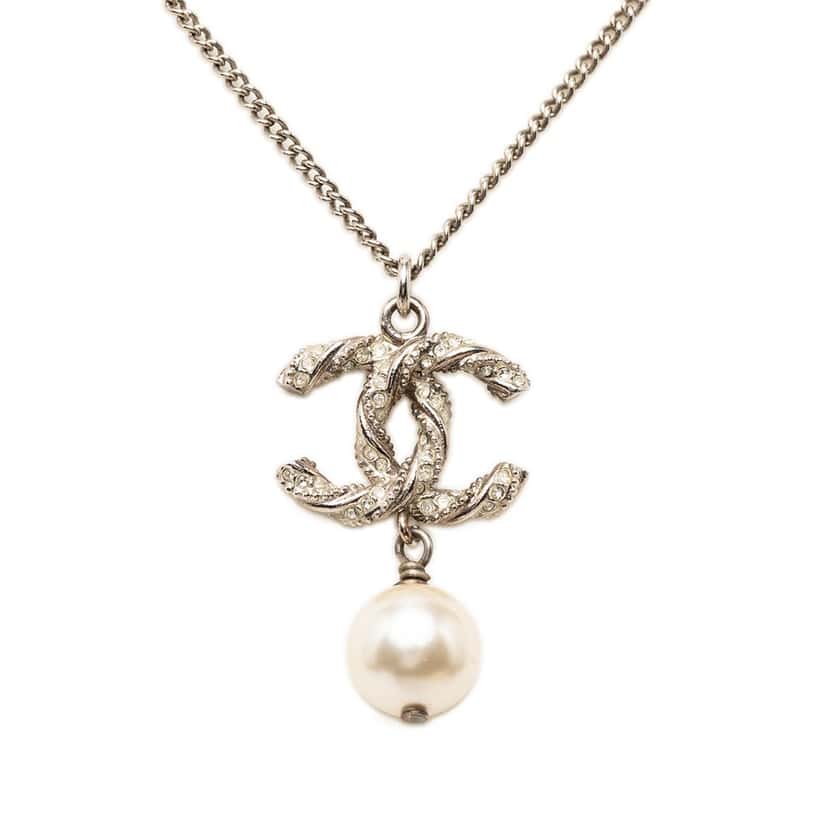 Chanel CC Brass Strass and Faux Pearl Twist Pendant Necklace Silver Metal Very good condition - Inside View