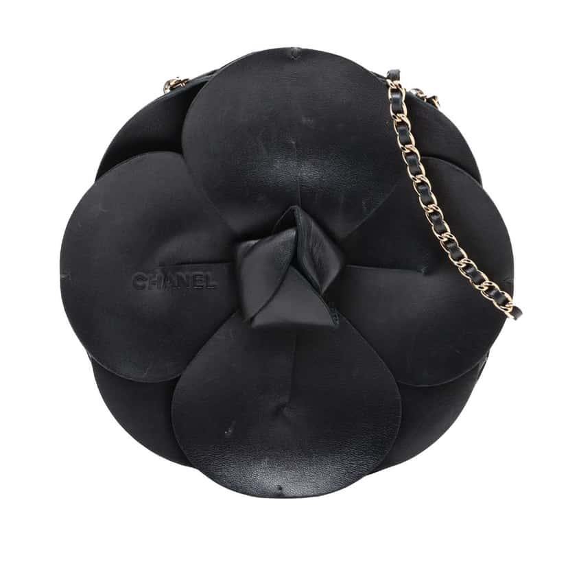 Chanel Lambskin and Satin Camellia Flower Evening Bag Black Leather Very good condition - Front View