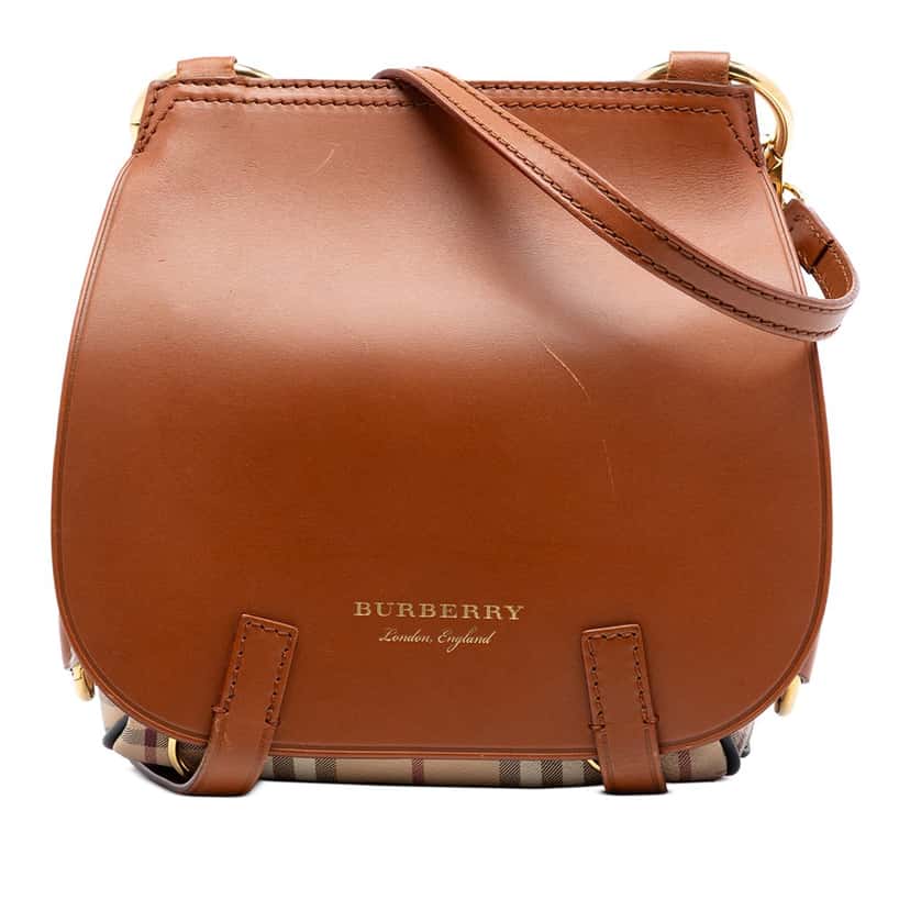 Burberry Large Leather and Haymarket Check Coated Canvas Bridle Saddle Crossbody Brown Leather Very good condition - Front View