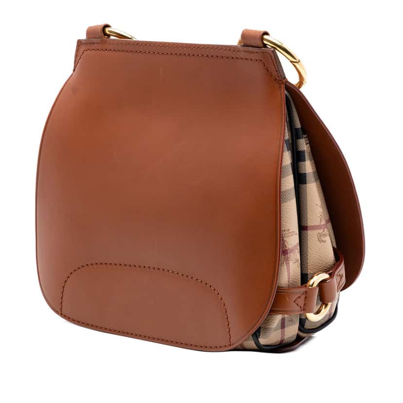 Burberry Large Leather and Haymarket Check Coated Canvas Bridle Saddle Crossbody Brown Leather Very good condition - Back View