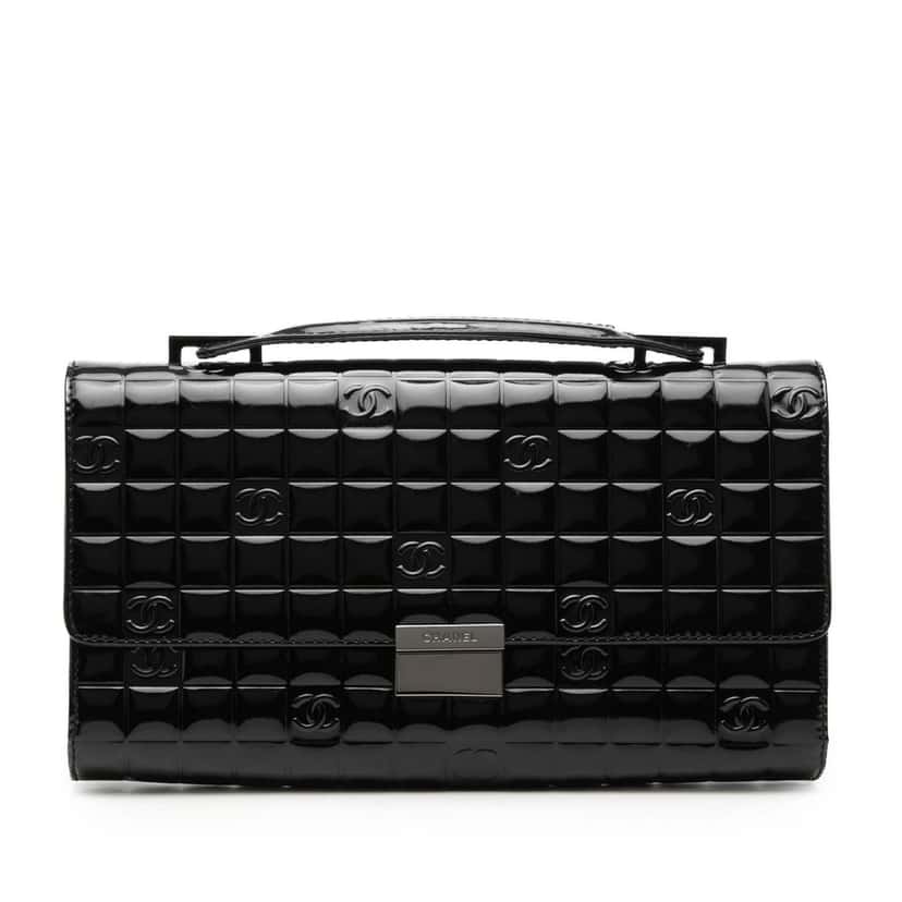 Chanel CC Chocolate Bar Patent Handle Clutch Black Leather Very good condition - Front View