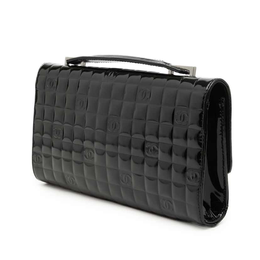 Chanel CC Chocolate Bar Patent Handle Clutch Black Leather Very good condition - Back View