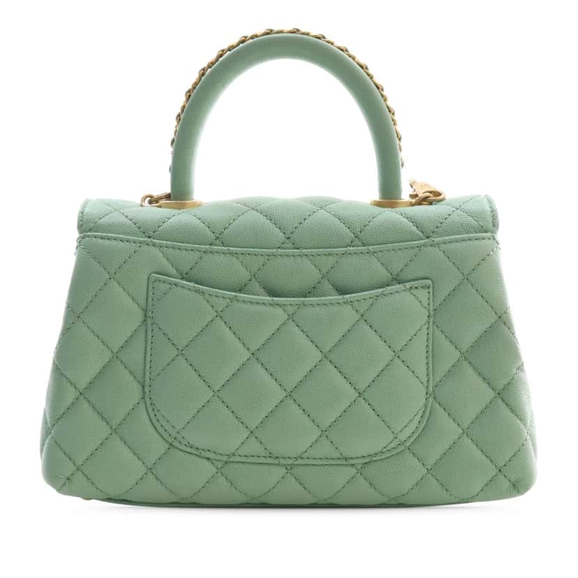 Chanel Mini Quilted Caviar Coco Chain Top Handle Bag Green Leather Very good condition - Back View