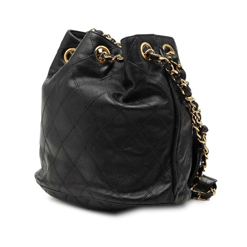 Chanel Quilted Lambskin Drawstring Chain Bucket Bag Black Leather Very good condition - Back View