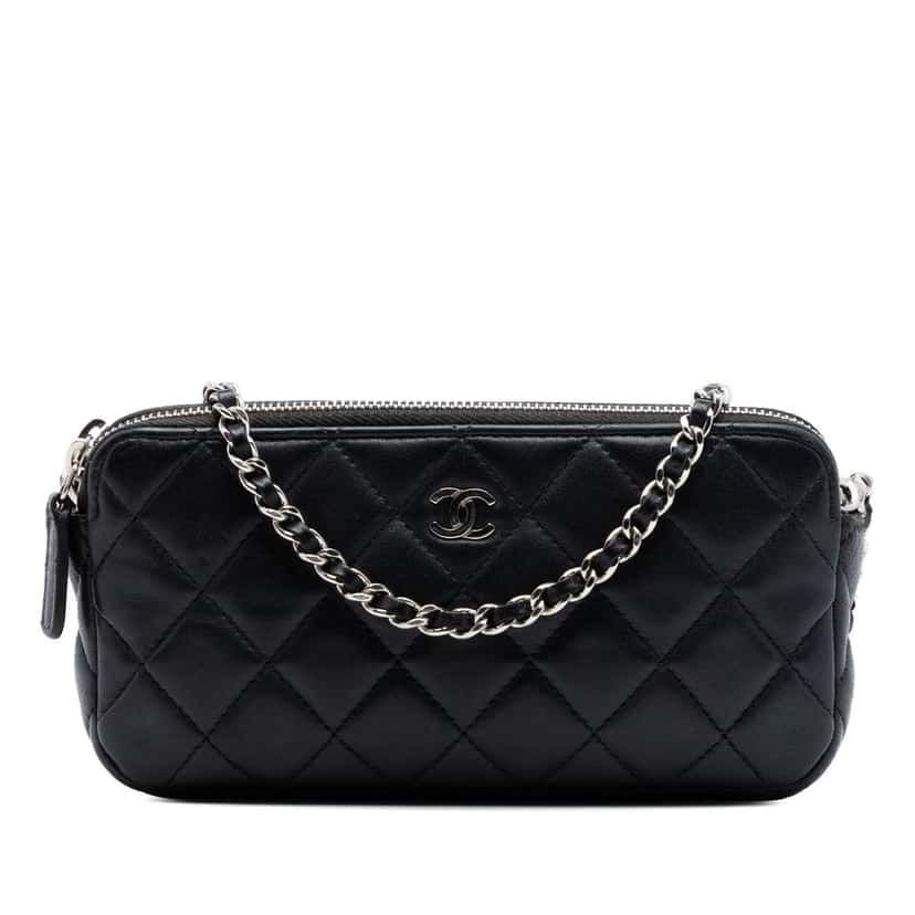 Chanel CC Quilted Lambskin Double Zip Clutch With Chain Black Leather Very good condition - Front View