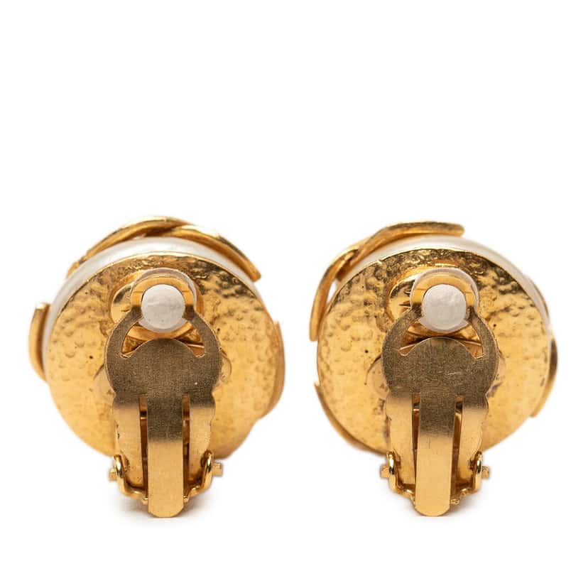 Chanel Gold Plated Triple CC Faux Pearl Clip On Earrings Gold Metal Very good condition - Back View