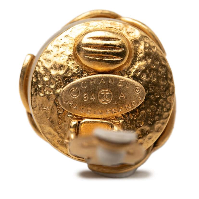 Chanel Gold Plated Triple CC Faux Pearl Clip On Earrings Gold Metal Very good condition - Inside View