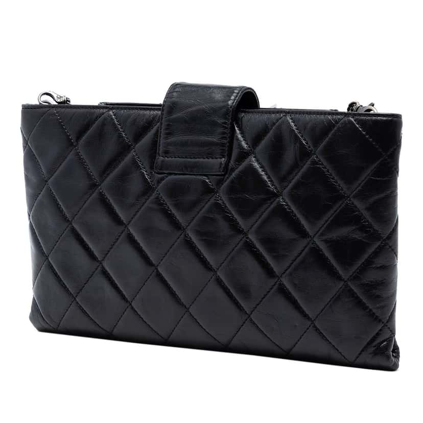 Chanel Quilted Glazed Calfskin Coco Pleats Chain Clutch Black Leather Very good condition - Back View