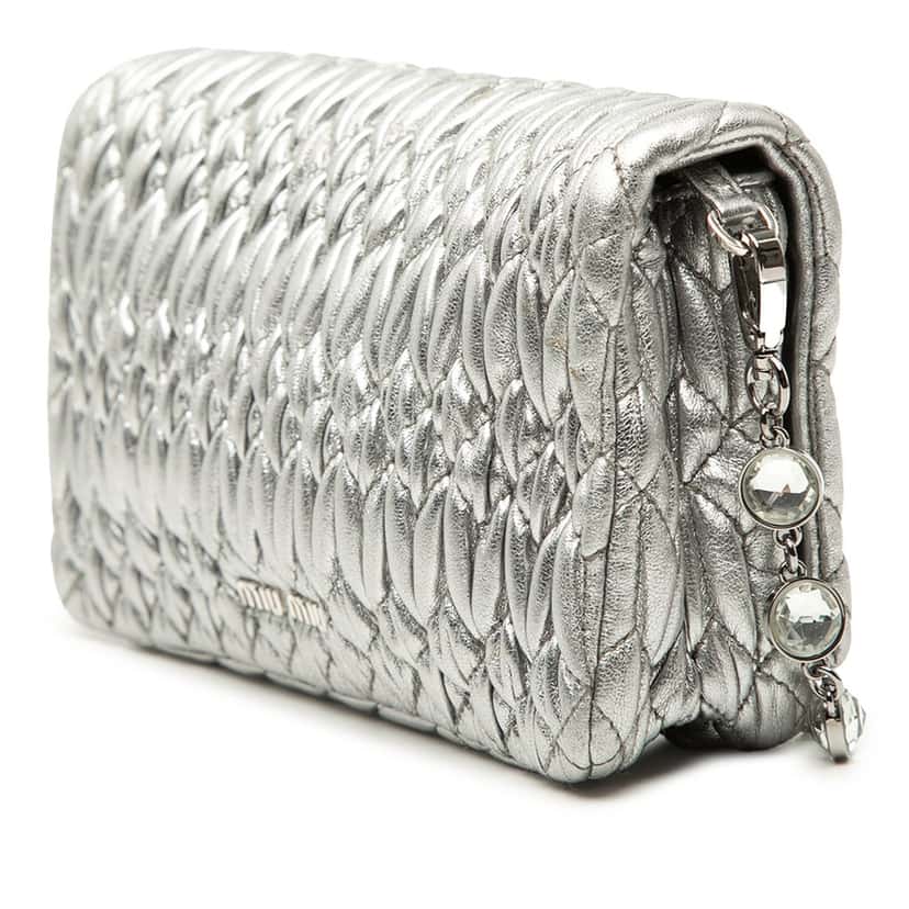 Miu Miu Matelasse Nappa Crystal Chain Shoulder Bag Silver Leather Very good condition - Back View