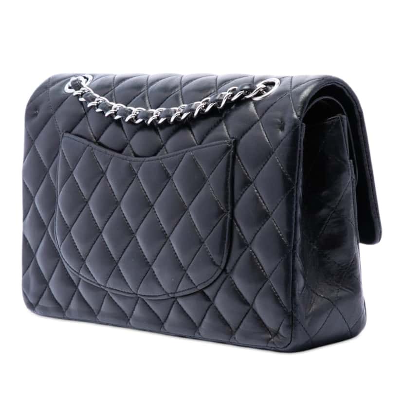 Chanel Medium Classic Lambskin Double Flap Black Leather Very good condition - Back View