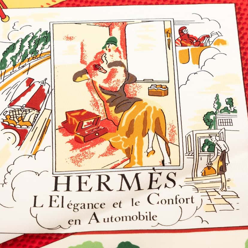 Hermès L Elegance et le Confort en Automobile Silk Scarf 90 Red Very good condition - Box View