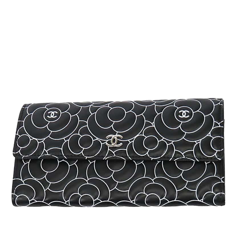Chanel Camellia Leather Long Wallet Black Leather Very good condition - Front View