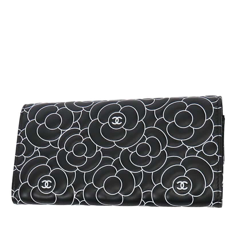 Chanel Camellia Leather Long Wallet Black Leather Very good condition - Back View