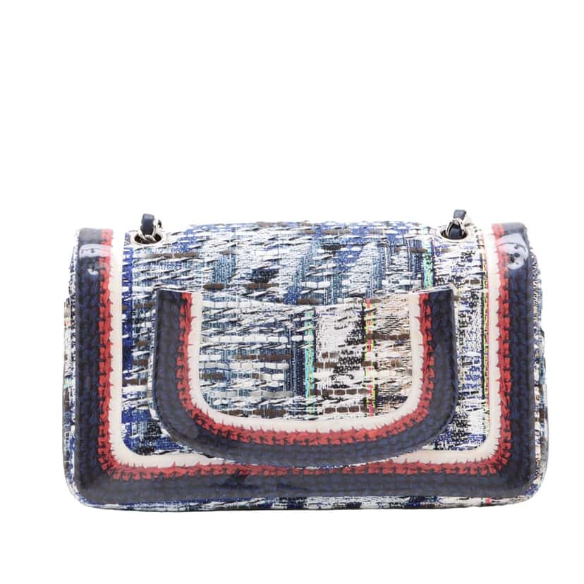 Chanel Medium Classic Tweed and Silicone Double Flap Blue Very good condition - Back View