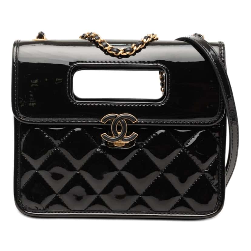 Chanel Mini Quilted Patent Graphic Catch Flap Black Leather Very good condition - Front View
