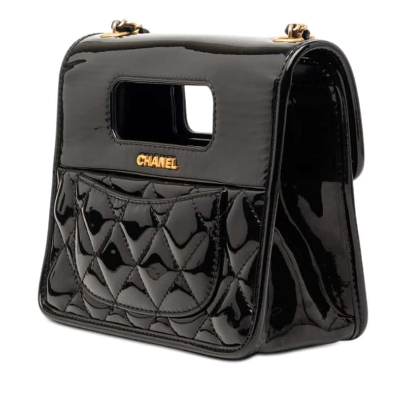 Chanel Mini Quilted Patent Graphic Catch Flap Black Leather Very good condition - Back View