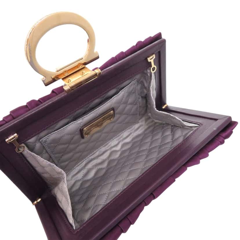 Ferragamo Satin Gancini Clutch with Chain Purple Very good condition - Model View