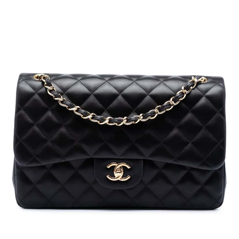 Chanel Jumbo Classic Lambskin Double Flap Black Leather Very good condition - Front View