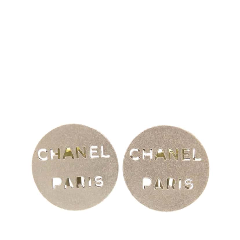 Chanel Brass Cut Out Logo Round Clip On Earrings Silver Metal Very good condition - Front View