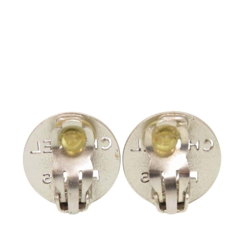 Chanel Brass Cut Out Logo Round Clip On Earrings Silver Metal Very good condition - Back View