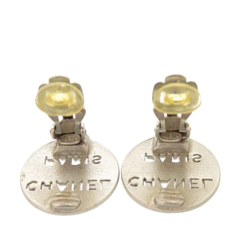 Chanel Brass Cut Out Logo Round Clip On Earrings Silver Metal Very good condition - Inside View