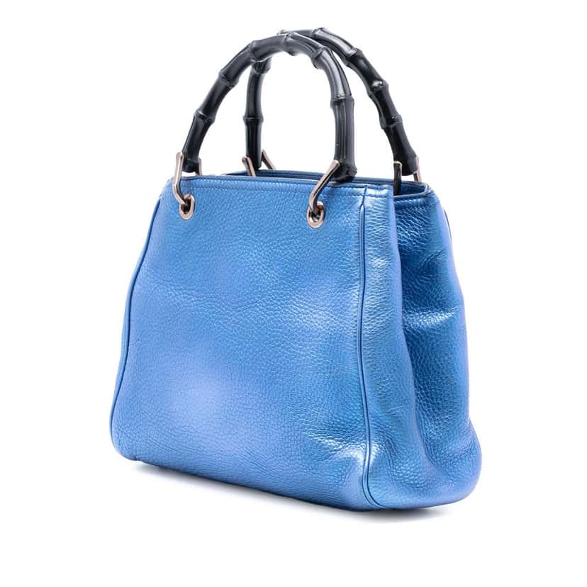 Gucci Small Metallic Calfskin Bamboo Shopper Satchel Blue Leather Very good condition - Back View